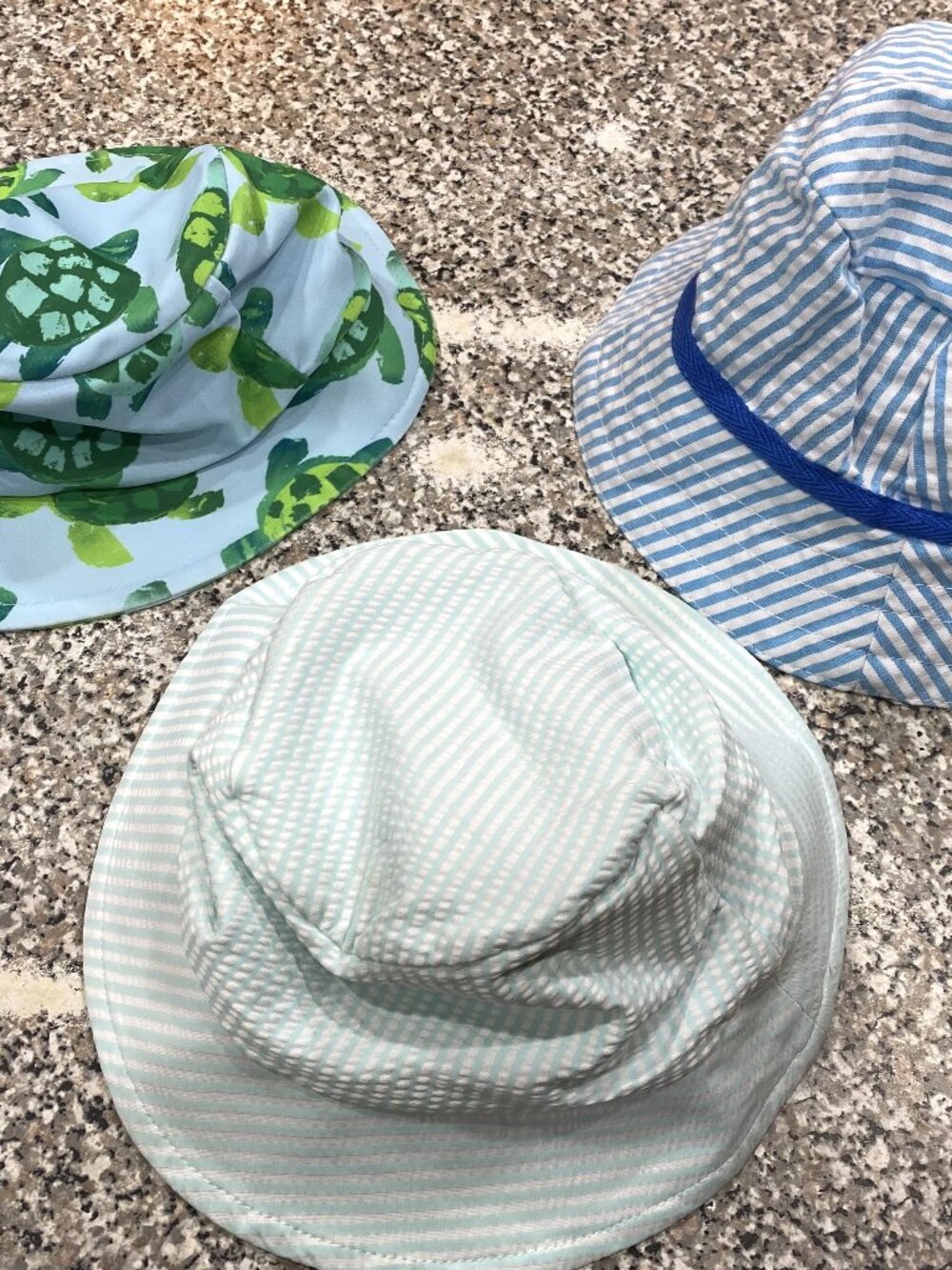 Lot of 3 Sun Hats-Mud Pie with Strap/Turtle and Green-Blue Stripes- 3-12M